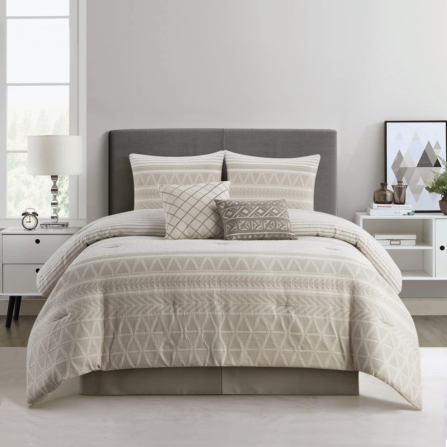 Grand Avenue 100% Cotton King Size Comforter Set, 6 Piece, Beige Geometric Jacquard Bedding Set, Bedskirt, Pillows & Shams, Home
